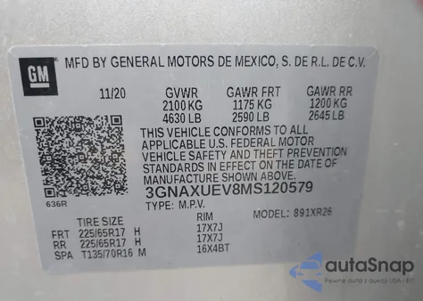 2021 Chevrolet Equinox Awd Lt z USA, uszkodzony, nr VIN 3GNAXUEV8MS120579